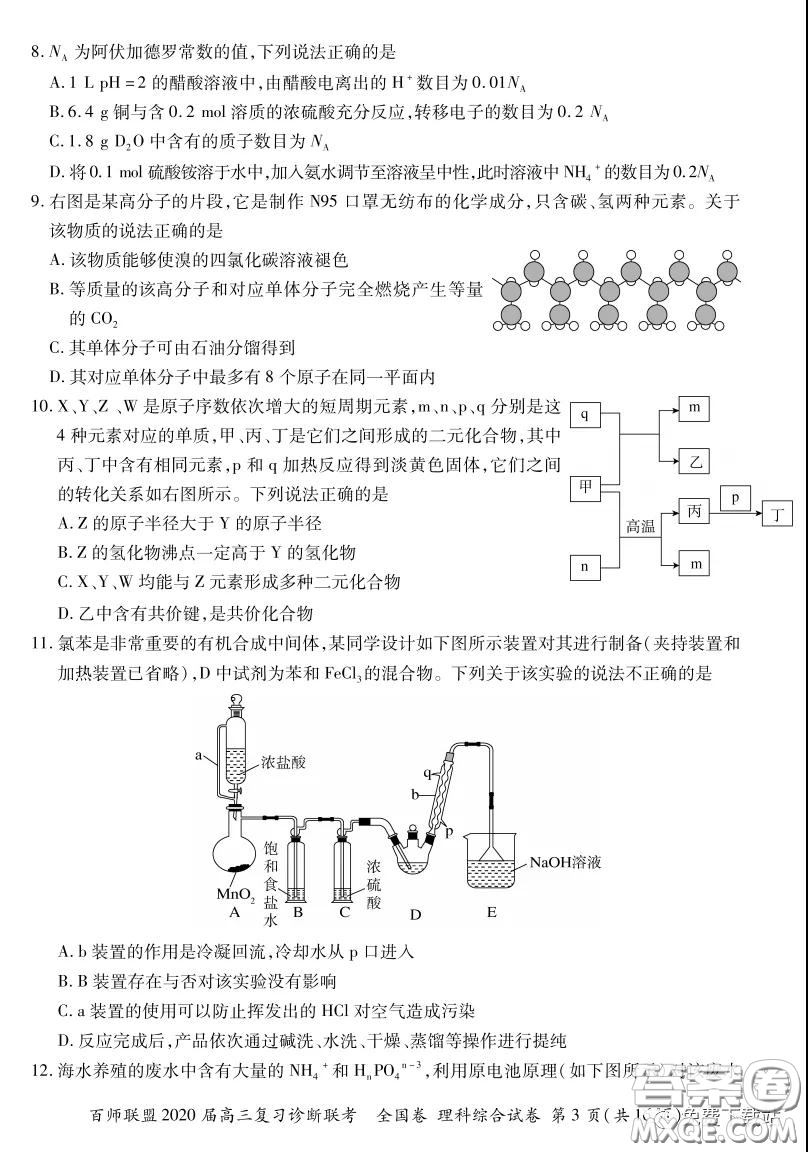 百師聯(lián)盟2020屆高三復(fù)習(xí)診斷聯(lián)考全國(guó)卷理科綜合答案