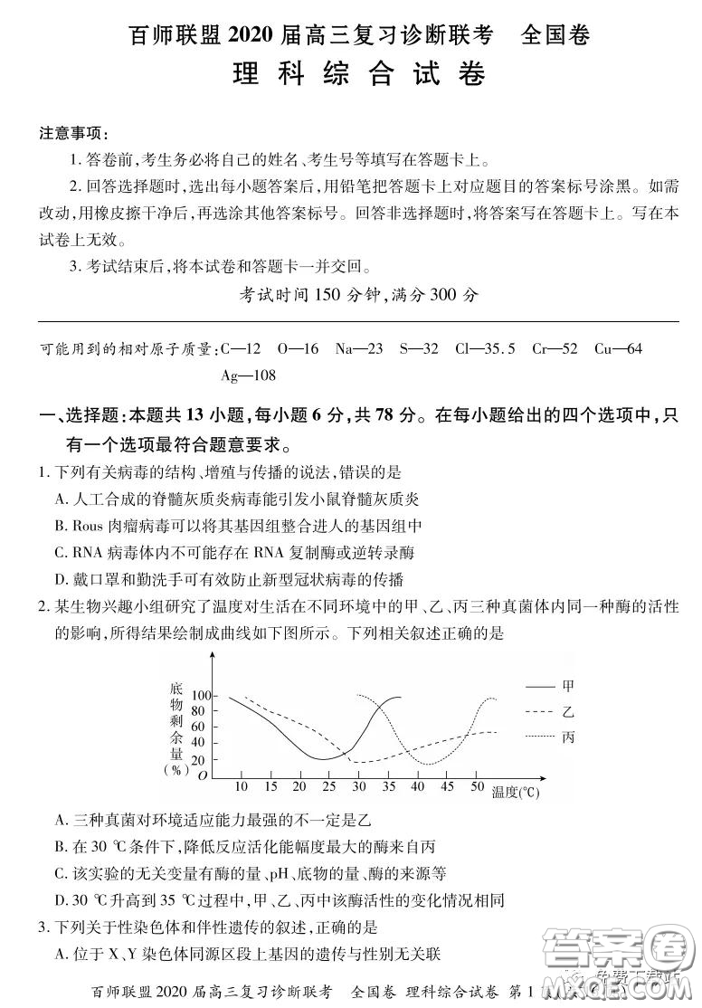 百師聯(lián)盟2020屆高三復(fù)習(xí)診斷聯(lián)考全國(guó)卷理科綜合答案