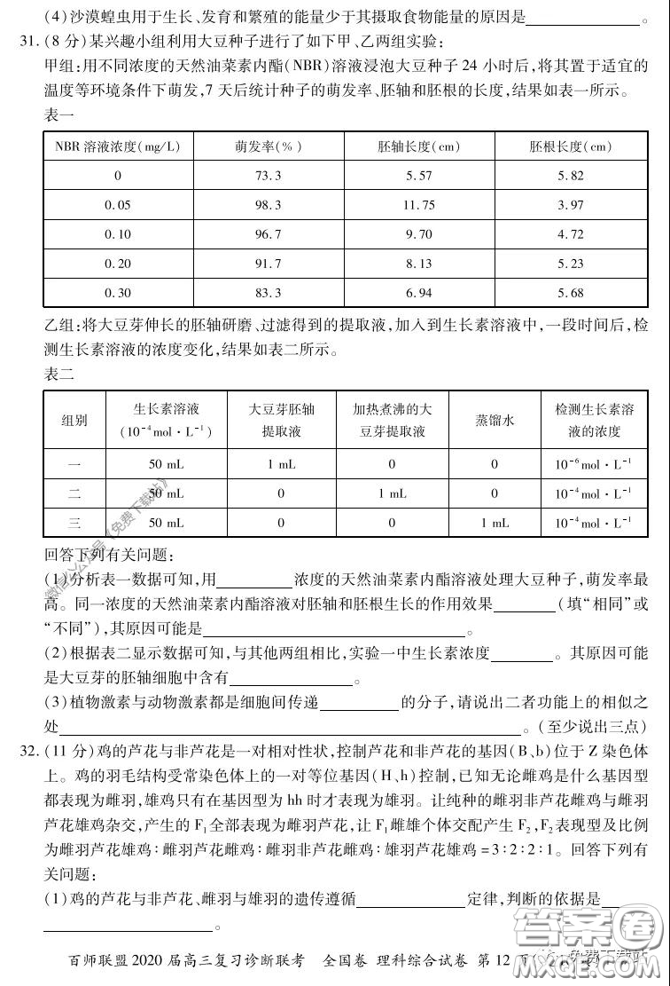 百師聯(lián)盟2020屆高三復(fù)習(xí)診斷聯(lián)考全國(guó)卷理科綜合答案