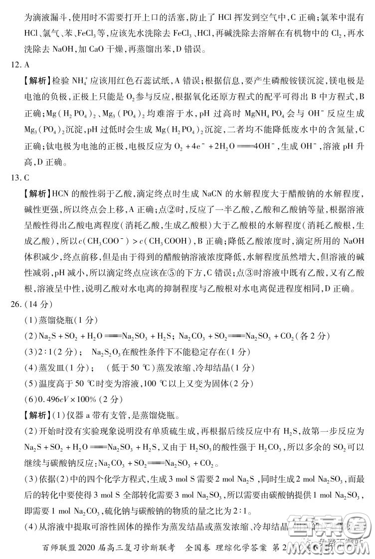 百師聯(lián)盟2020屆高三復(fù)習(xí)診斷聯(lián)考全國(guó)卷理科綜合答案