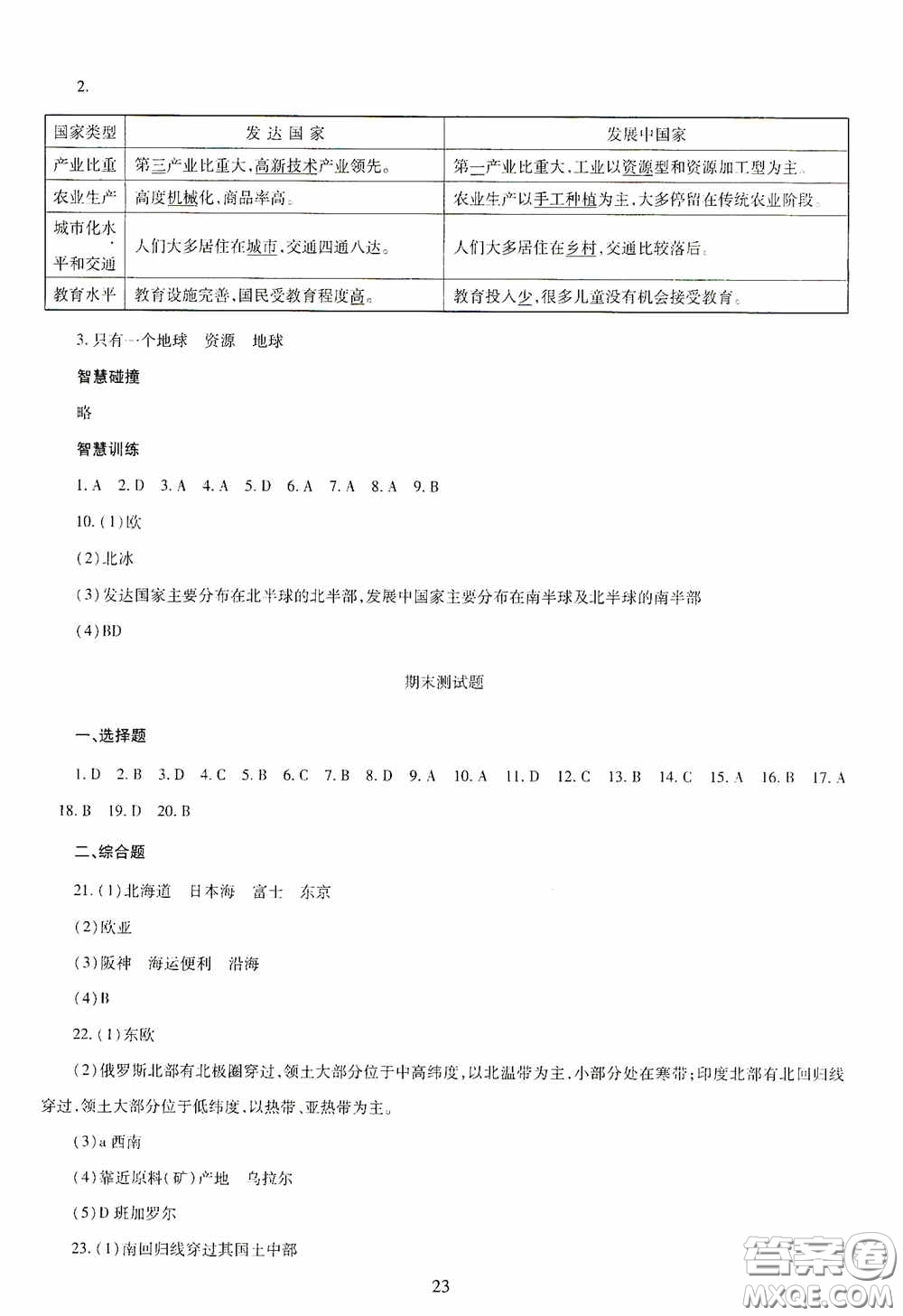 明天出版社2020智慧學(xué)習(xí)七年級(jí)地理下冊(cè)答案