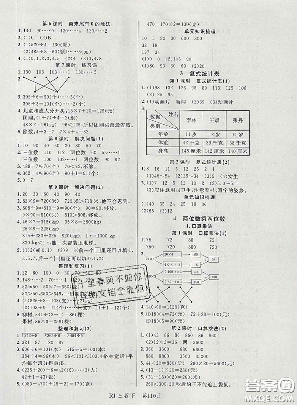 2020春品至教育小狀元隨堂手冊三年級數(shù)學下冊人教版參考答案