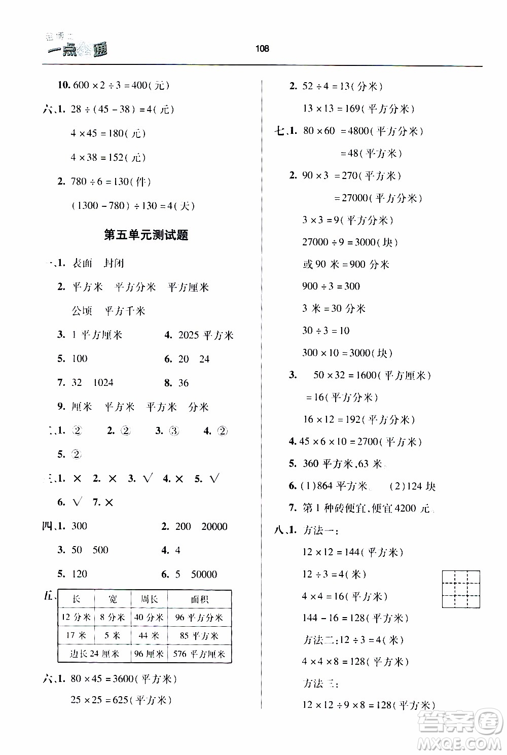 2020年金博士一點(diǎn)全通數(shù)學(xué)三年級(jí)下冊(cè)青島版參考答案