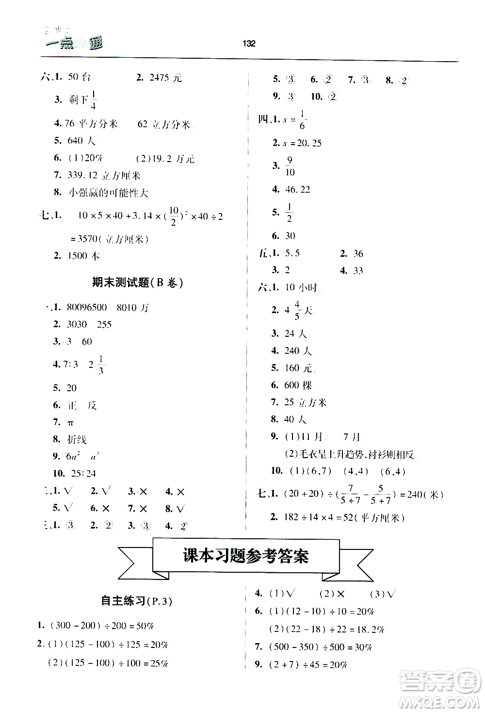 2020年金博士一點全通數(shù)學(xué)六年級下冊青島版參考答案