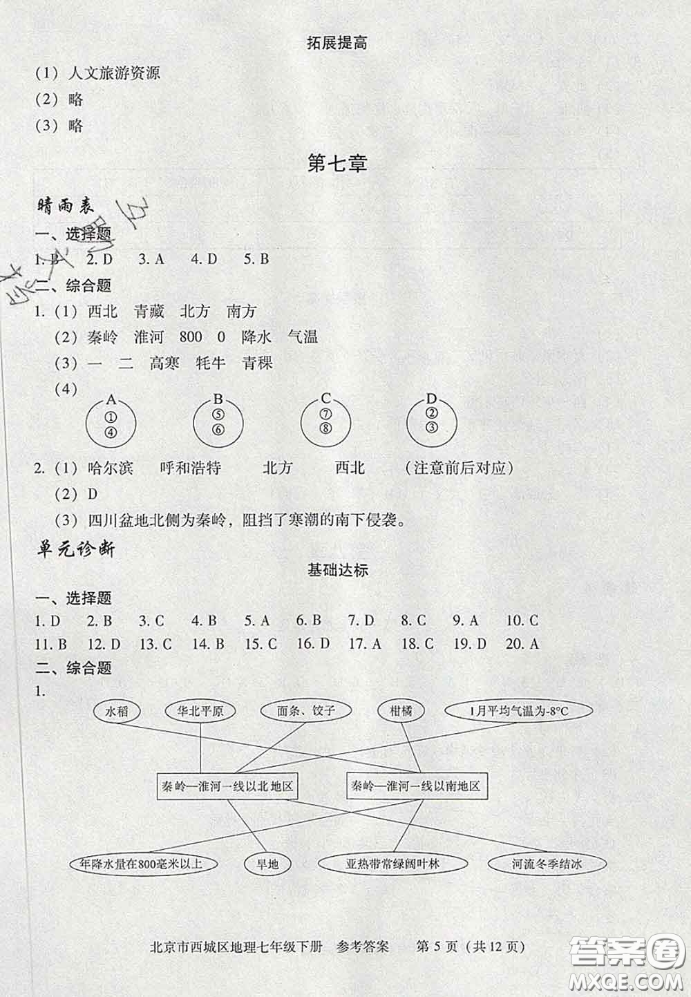 2020春北京西城學(xué)習(xí)探究診斷七年級地理下冊人教版答案