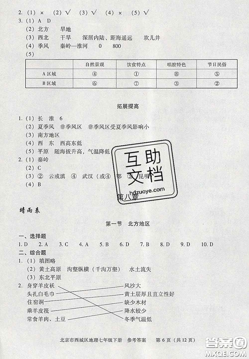 2020春北京西城學(xué)習(xí)探究診斷七年級地理下冊人教版答案