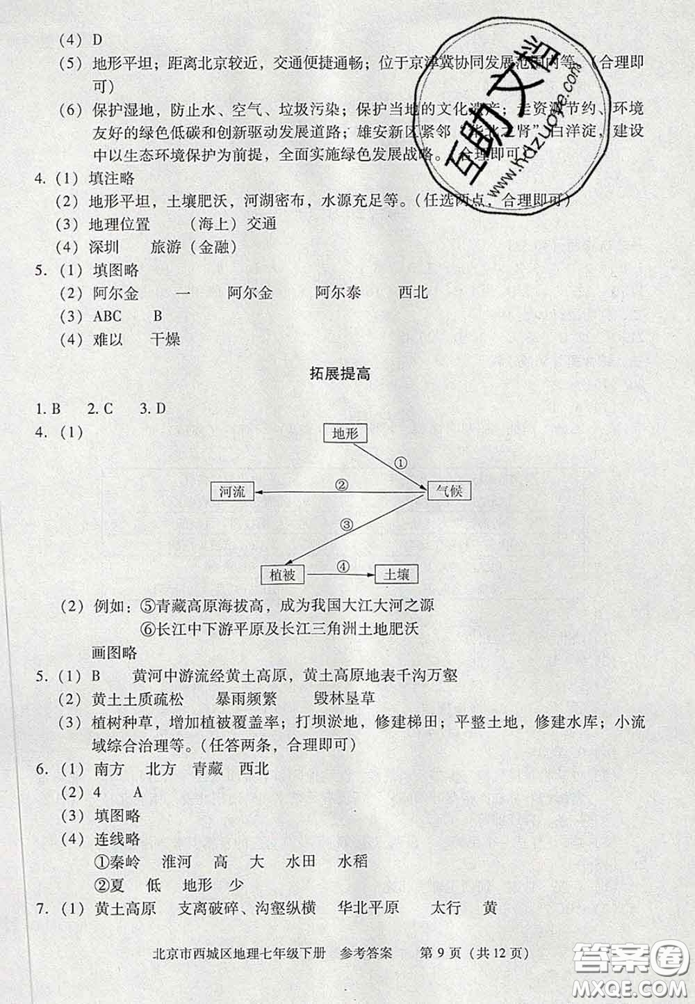 2020春北京西城學(xué)習(xí)探究診斷七年級地理下冊人教版答案