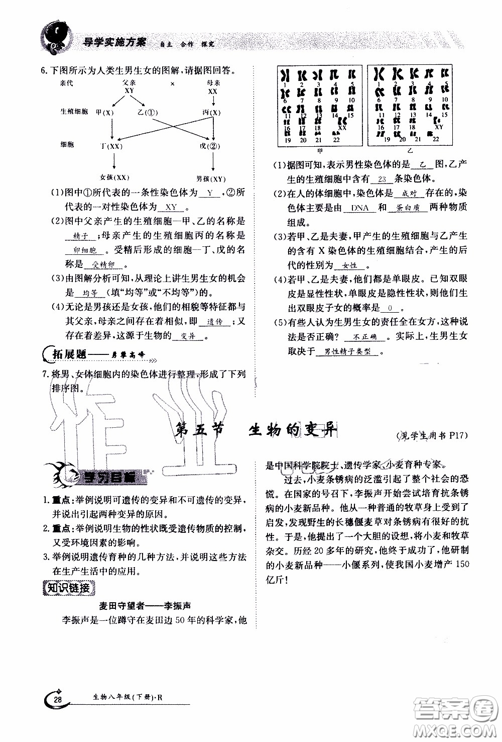 江西高校出版社2020年金太陽導(dǎo)學(xué)案生物八年級下冊參考答案