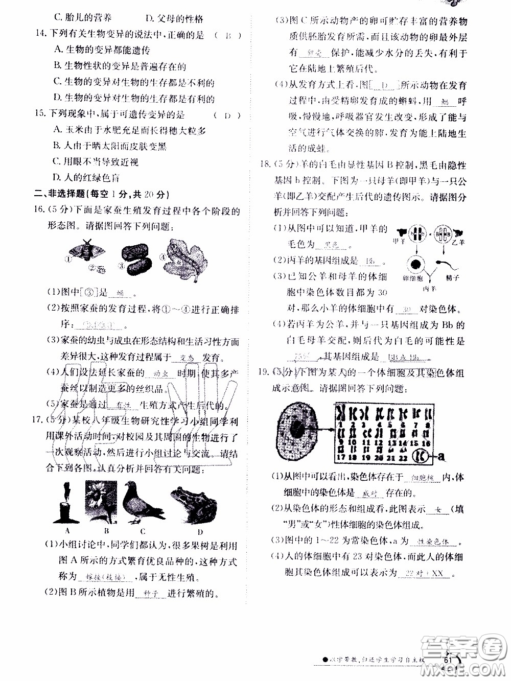 江西高校出版社2020年金太陽導(dǎo)學(xué)案生物八年級下冊參考答案