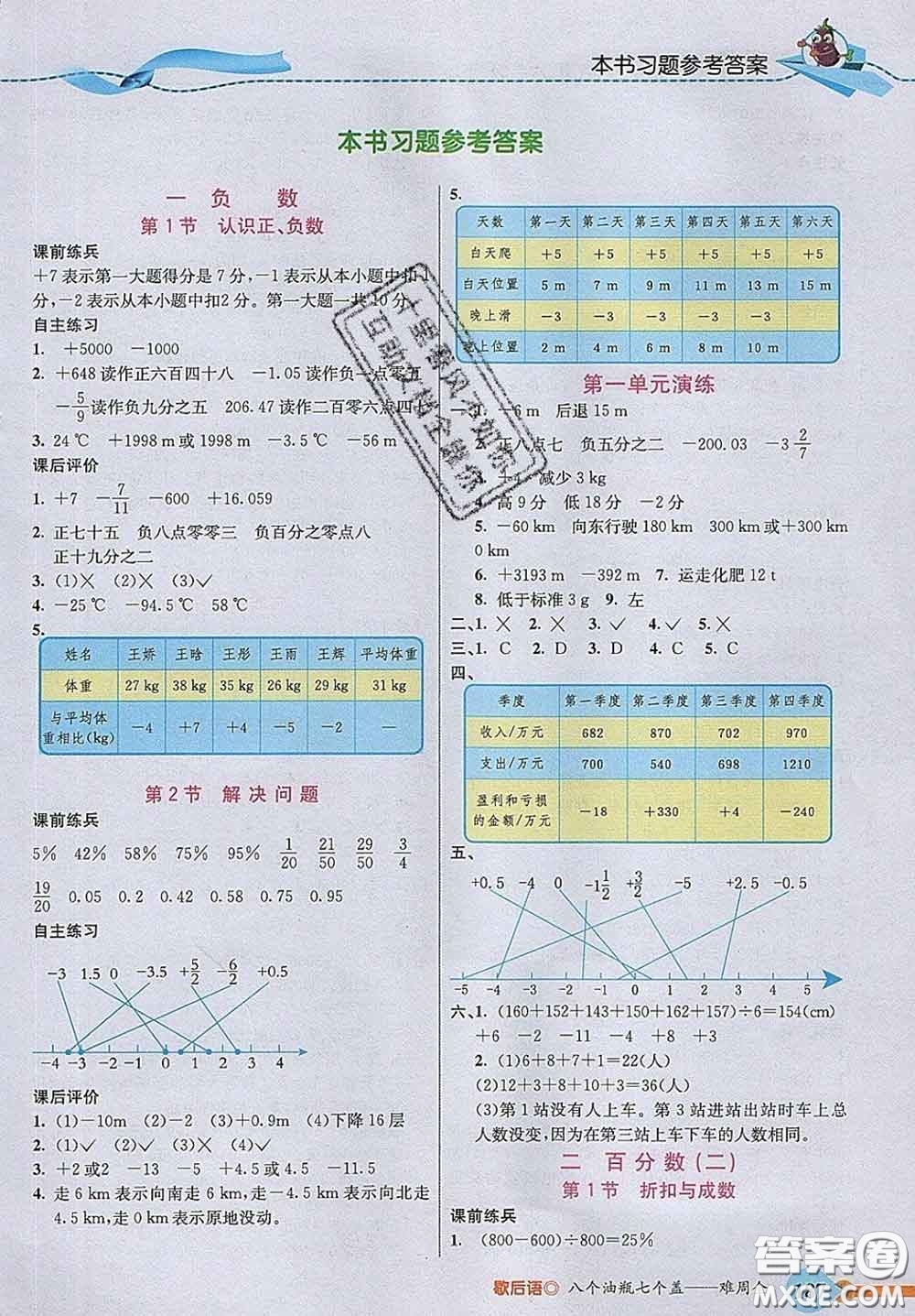 河北教育出版社2020新版五E課堂六年級數(shù)學(xué)下冊人教版答案