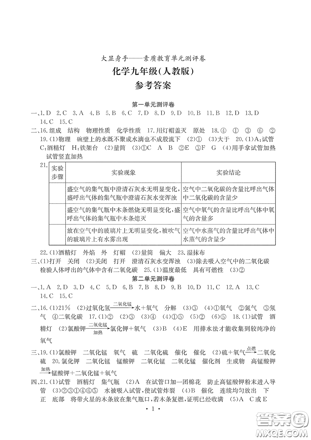 光明日報出版社2020大顯身手素質(zhì)教育單元測評卷九年級化學下冊人教版答案