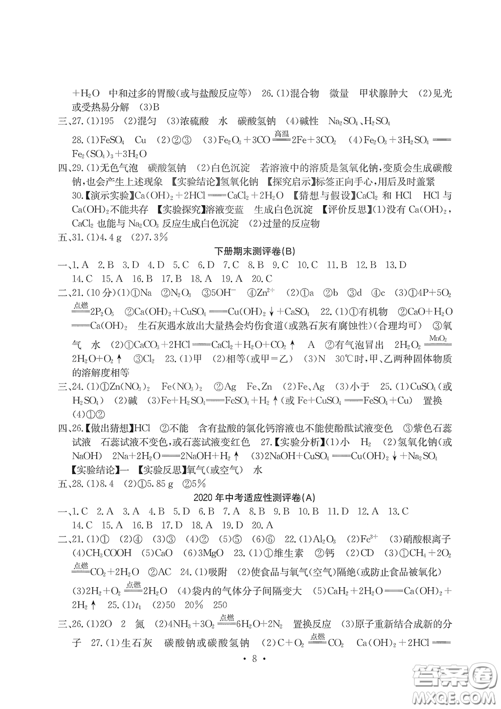 光明日報出版社2020大顯身手素質(zhì)教育單元測評卷九年級化學下冊人教版答案