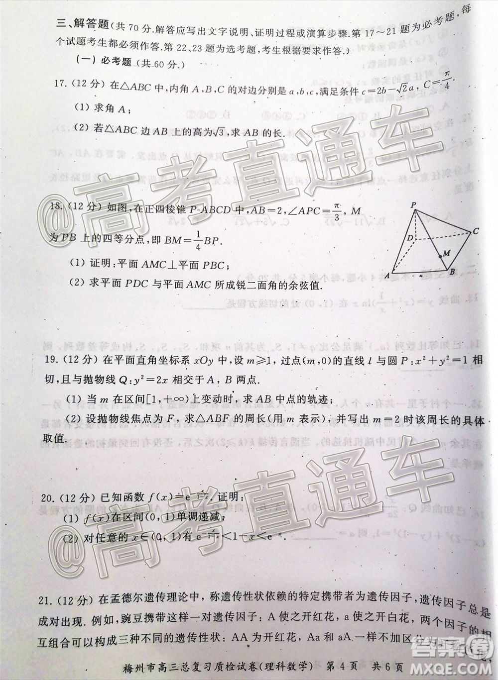 2020年5月梅州市高三總復(fù)習(xí)質(zhì)檢試卷理科數(shù)學(xué)試題及答案