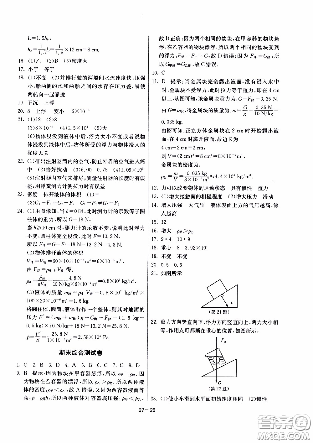 2020年課時訓練八年級下冊物理江蘇版參考答案