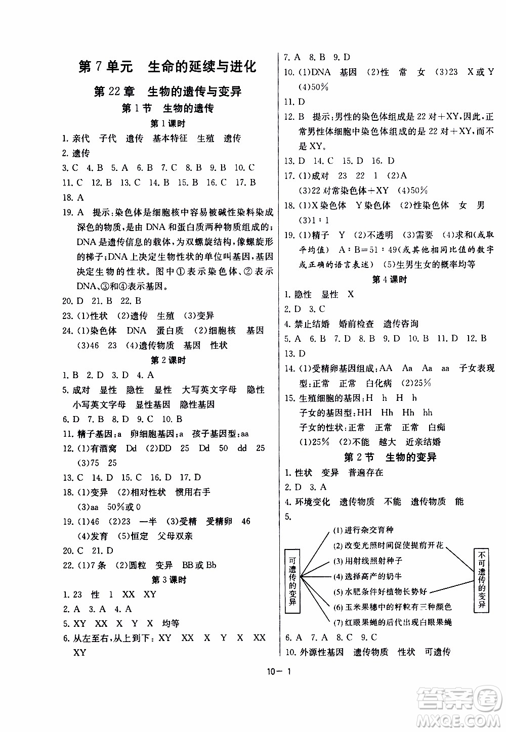 2020年課時訓練八年級下冊生物學江蘇版參考答案