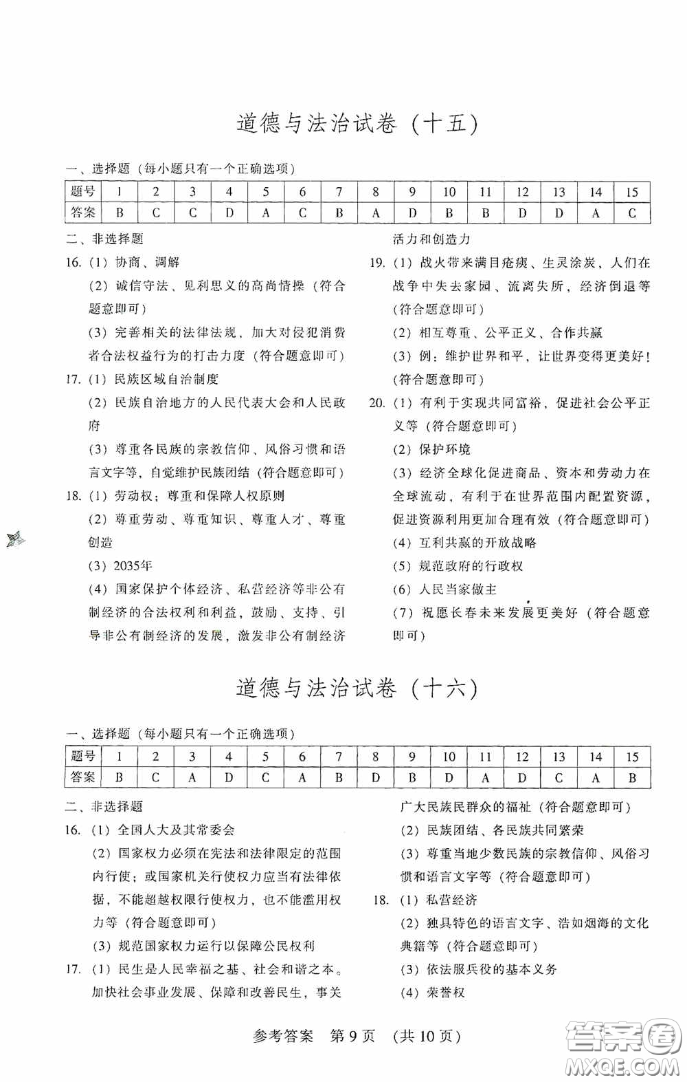 2020年長春市中考綜合學(xué)習(xí)評價與檢測道德與法治答案