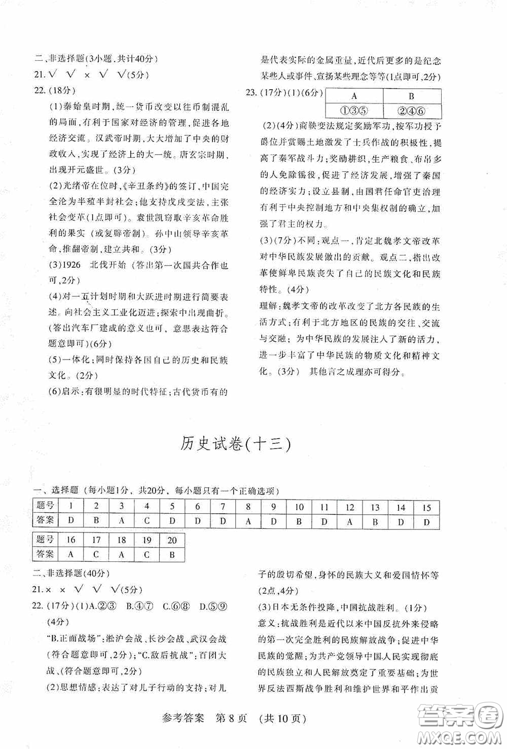 2020年長春市中考綜合學(xué)習(xí)評(píng)價(jià)與檢測(cè)歷史答案