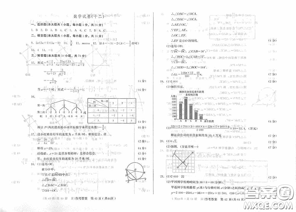 2020年長春市中考綜合學(xué)習(xí)評(píng)價(jià)與檢測數(shù)學(xué)答案