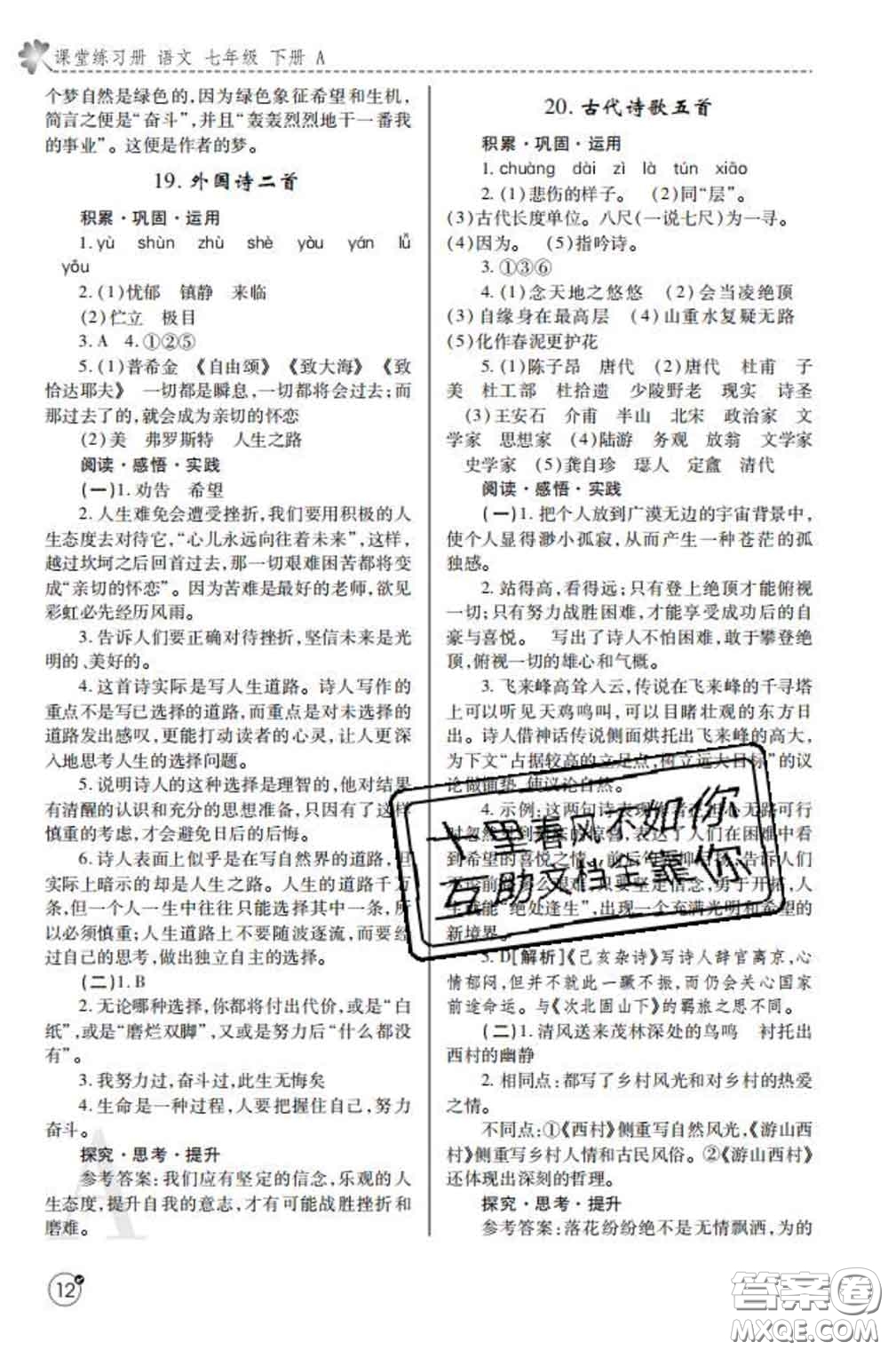 陜西師范大學(xué)出版社2020春課堂練習(xí)冊(cè)七年級(jí)語文下冊(cè)A版答案