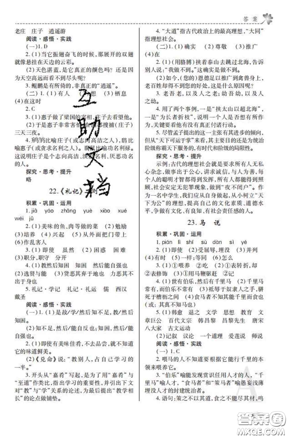 陜西師范大學(xué)出版社2020春課堂練習(xí)冊(cè)八年級(jí)語(yǔ)文下冊(cè)A版答案