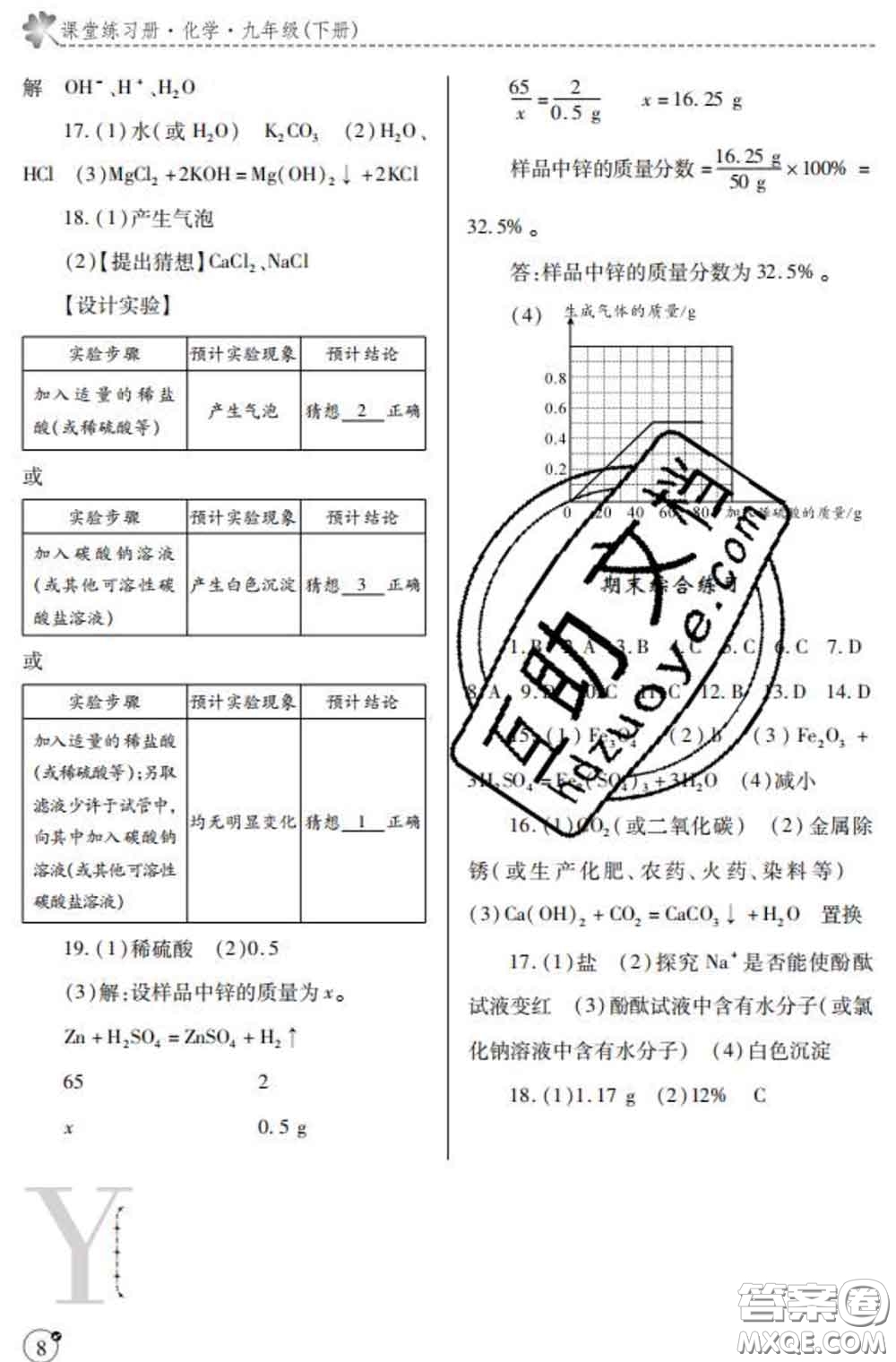 陜西師范大學(xué)出版社2020春課堂練習(xí)冊九年級(jí)化學(xué)下冊Y版答案