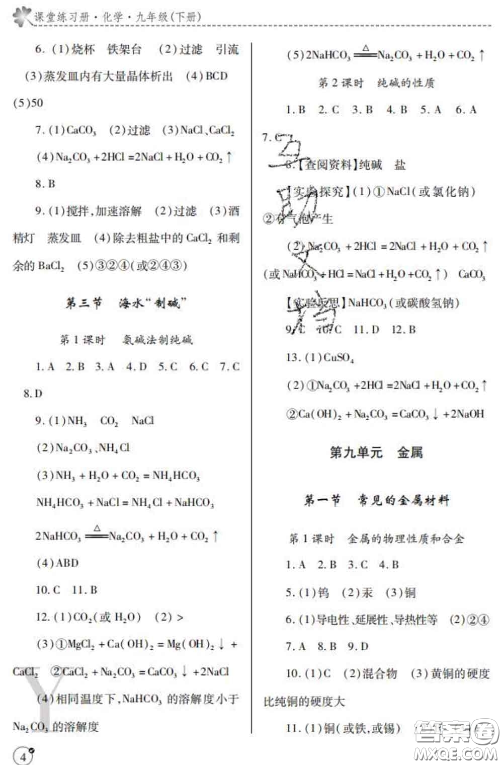 陜西師范大學(xué)出版社2020春課堂練習(xí)冊九年級(jí)化學(xué)下冊Y版答案