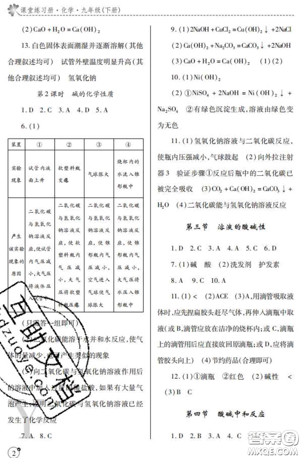 陜西師范大學(xué)出版社2020春課堂練習(xí)冊九年級(jí)化學(xué)下冊Y版答案