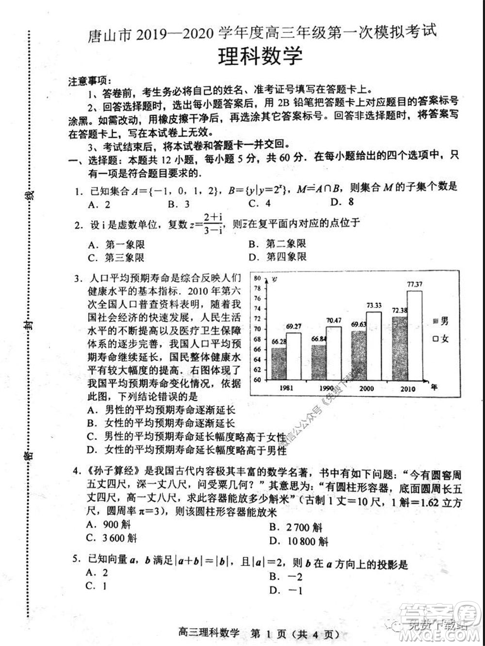 唐山市2019-2020學(xué)年度高三年級(jí)第一次模擬考試?yán)砜茢?shù)學(xué)試題及答案