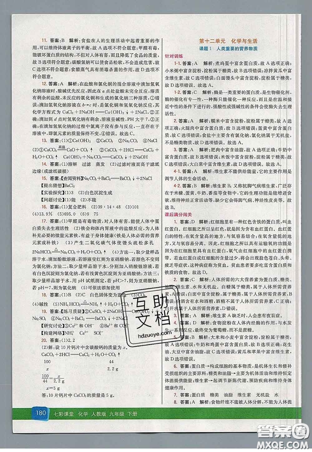 河北教育出版社2020春七彩課堂九年級化學(xué)下冊人教版答案