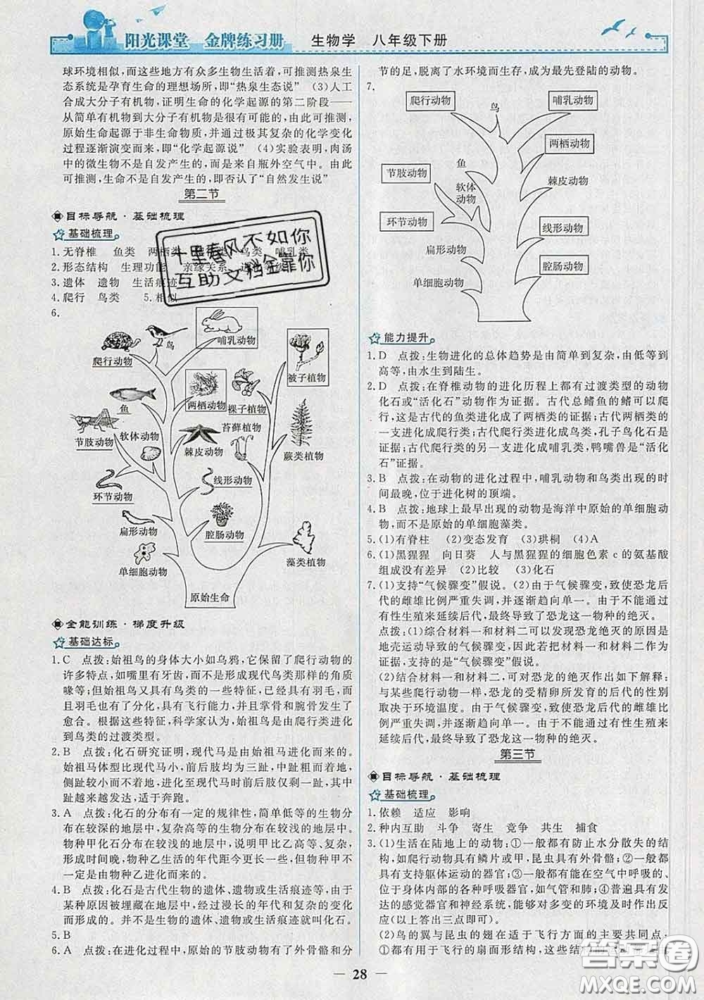 2020新版陽(yáng)光課堂金牌練習(xí)冊(cè)八年級(jí)生物下冊(cè)人教版答案