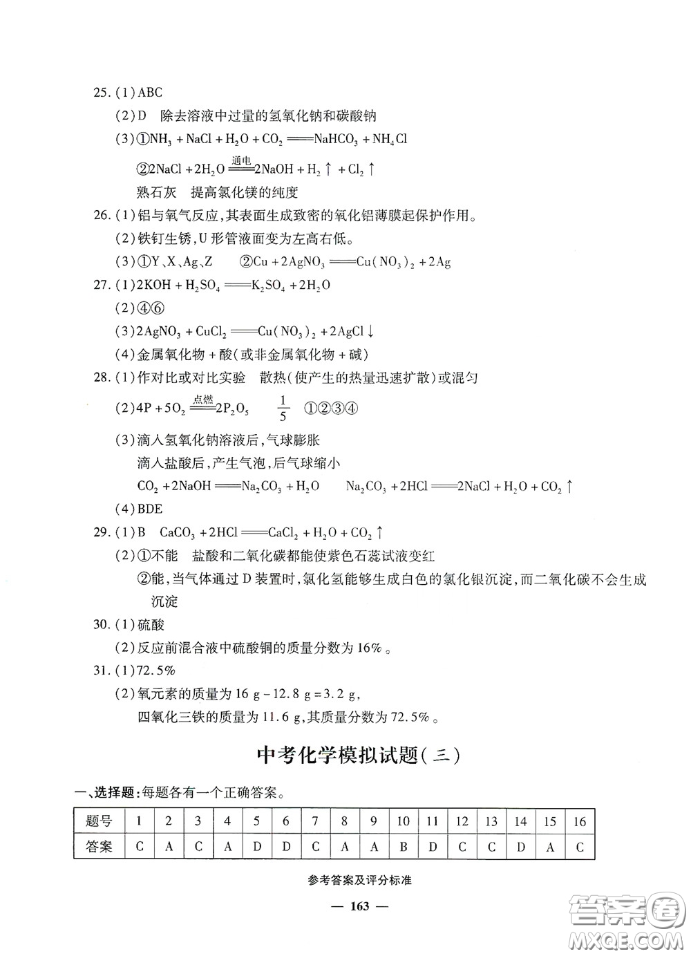 2020一本必勝中考化學模擬試題銀版答案