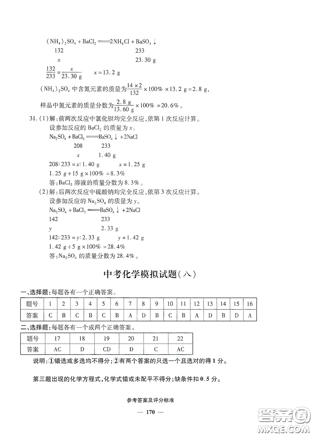 2020一本必勝中考化學模擬試題銀版答案