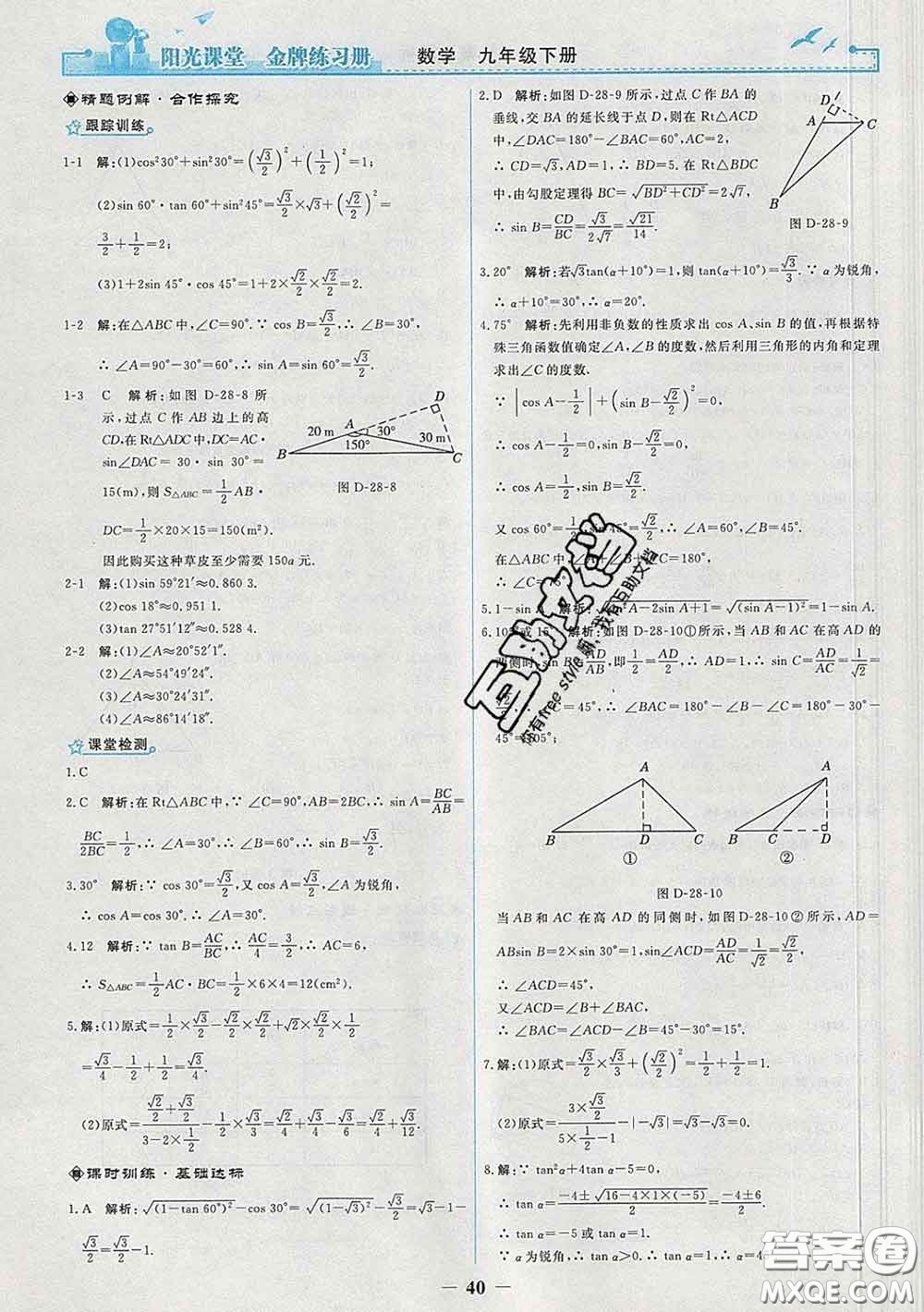 2020新版陽光課堂金牌練習冊九年級數學下冊人教版答案