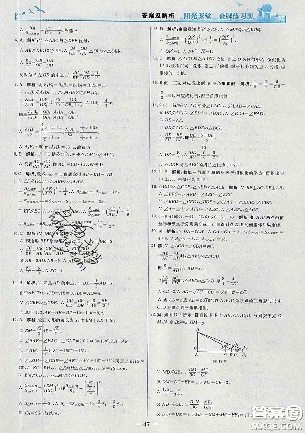 2020新版陽光課堂金牌練習冊九年級數學下冊人教版答案