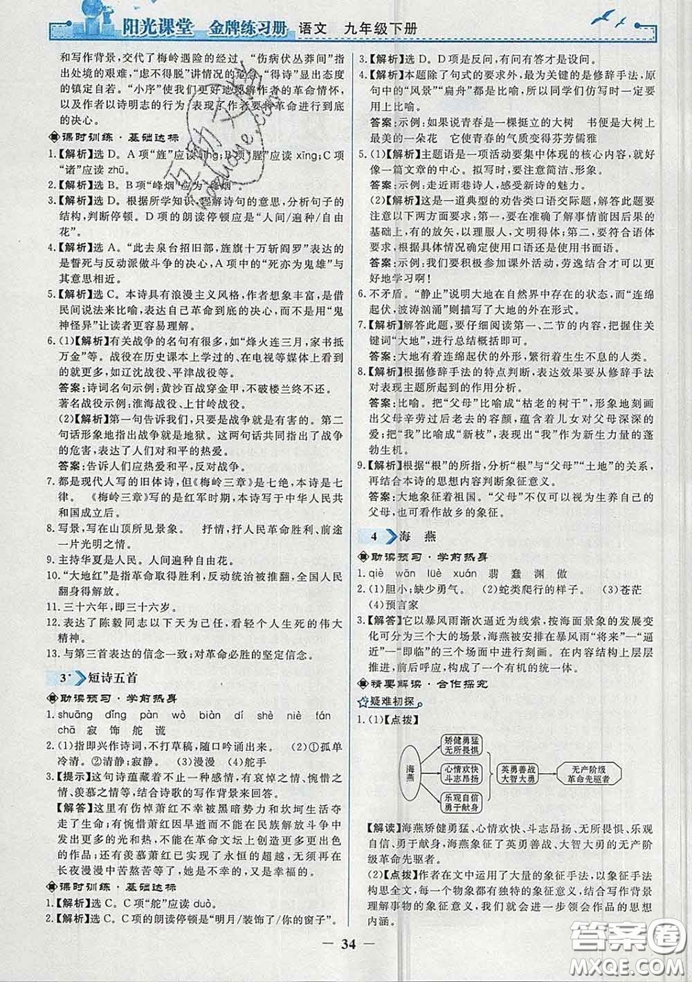 2020新版陽光課堂金牌練習(xí)冊九年級語文下冊人教版答案