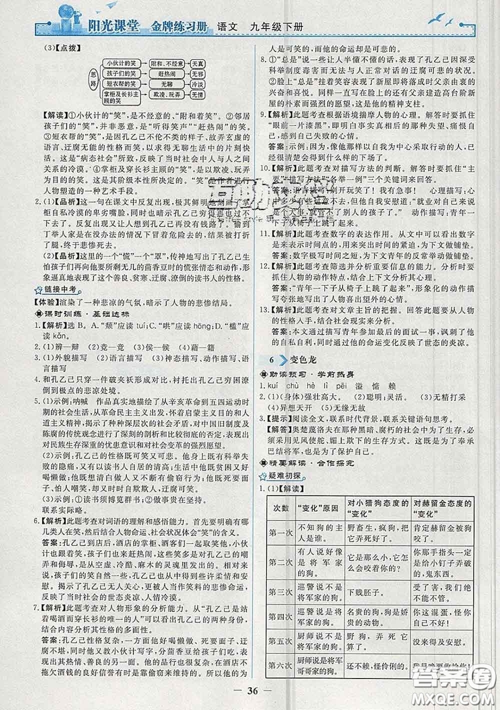 2020新版陽光課堂金牌練習(xí)冊九年級語文下冊人教版答案