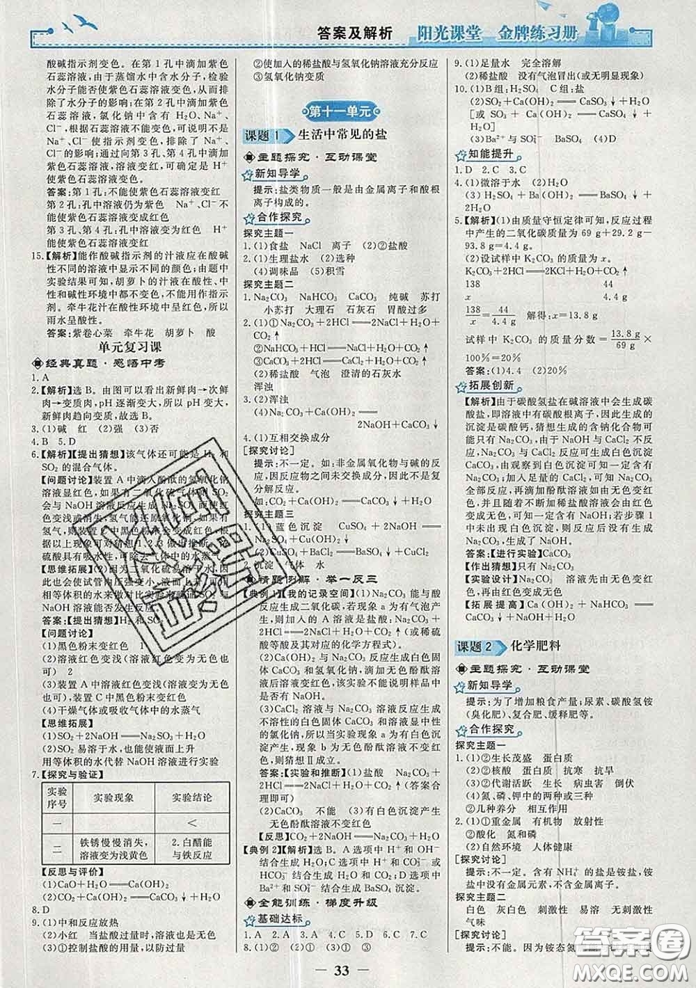 2020新版陽光課堂金牌練習(xí)冊九年級化學(xué)下冊人教版答案