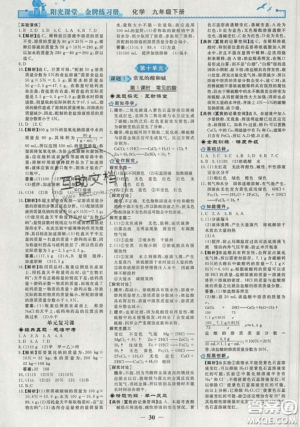 2020新版陽光課堂金牌練習(xí)冊九年級化學(xué)下冊人教版答案