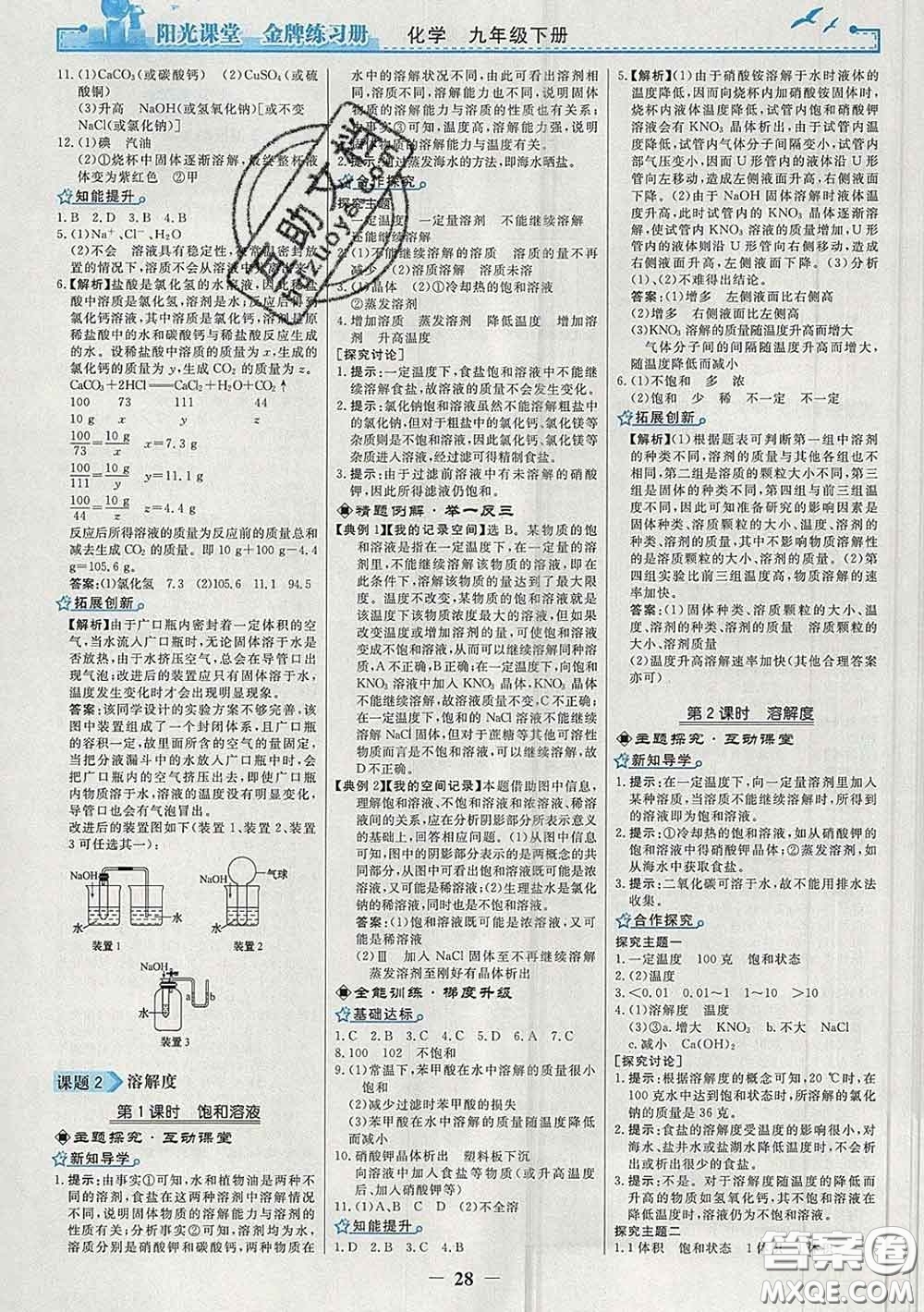 2020新版陽光課堂金牌練習(xí)冊九年級化學(xué)下冊人教版答案