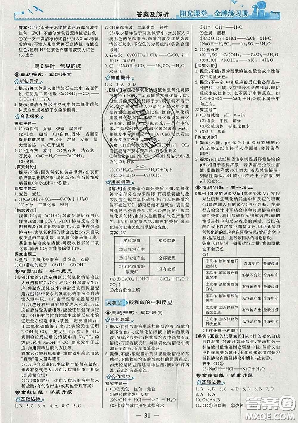 2020新版陽光課堂金牌練習(xí)冊九年級化學(xué)下冊人教版答案