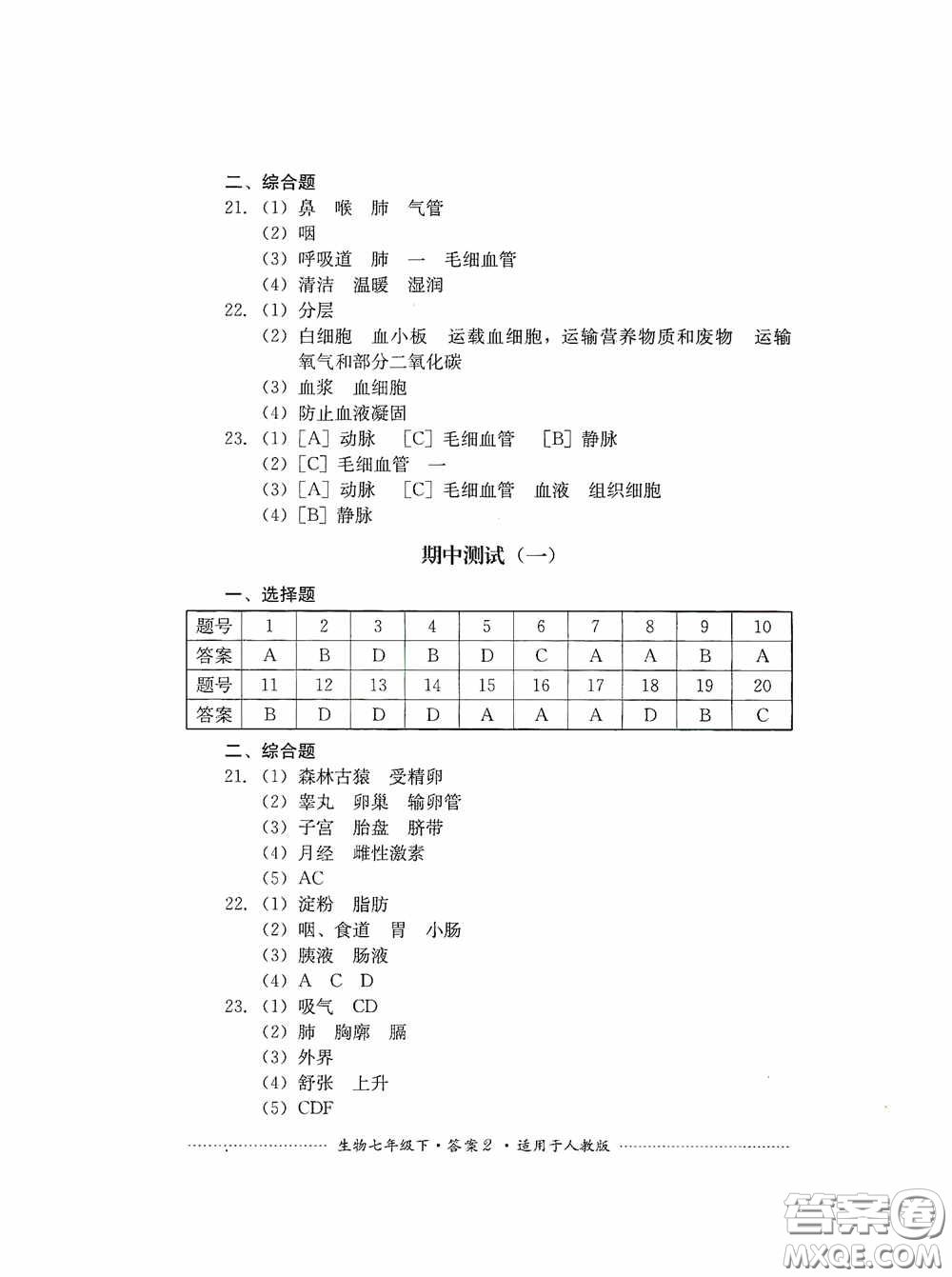 四川教育出版社2020課程標(biāo)準(zhǔn)初中單元測(cè)試生物七年級(jí)下冊(cè)人教版答案