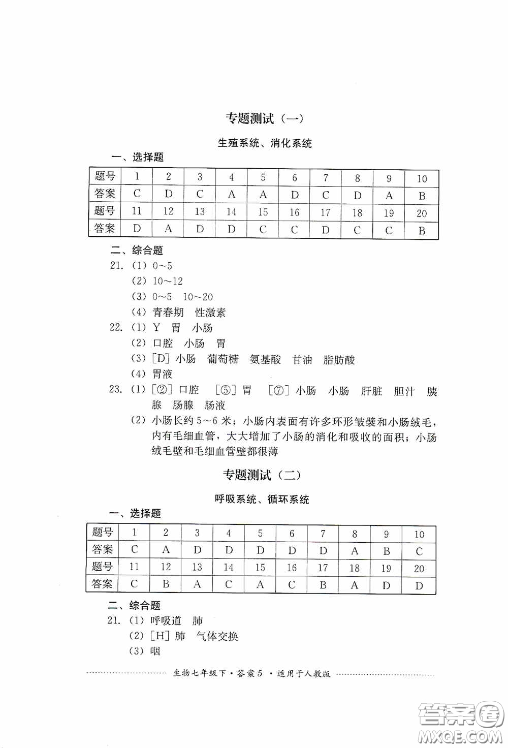 四川教育出版社2020課程標(biāo)準(zhǔn)初中單元測(cè)試生物七年級(jí)下冊(cè)人教版答案