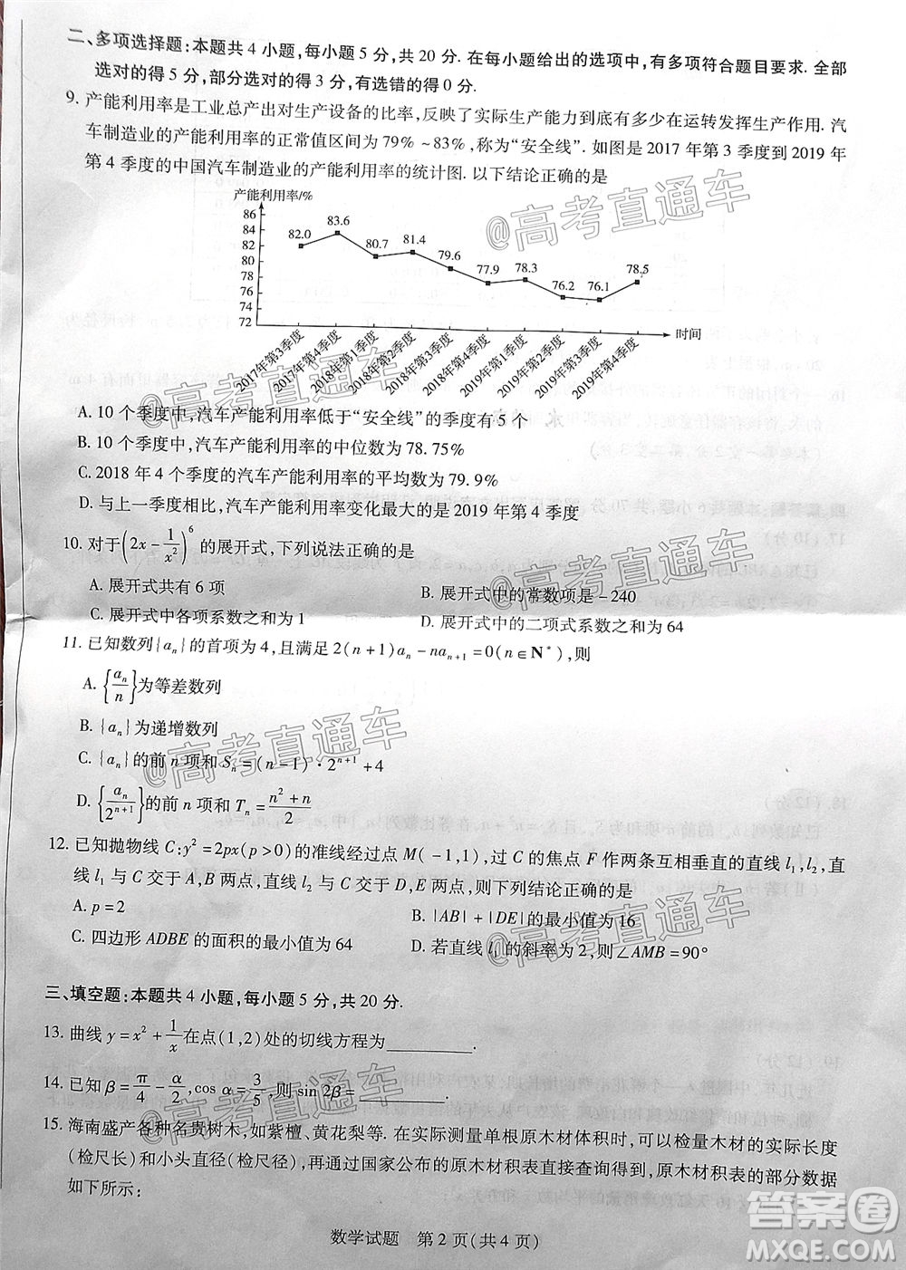 天一大聯(lián)考2019-2020學(xué)年海南省高三年級第四次模擬考試數(shù)學(xué)試題及答案