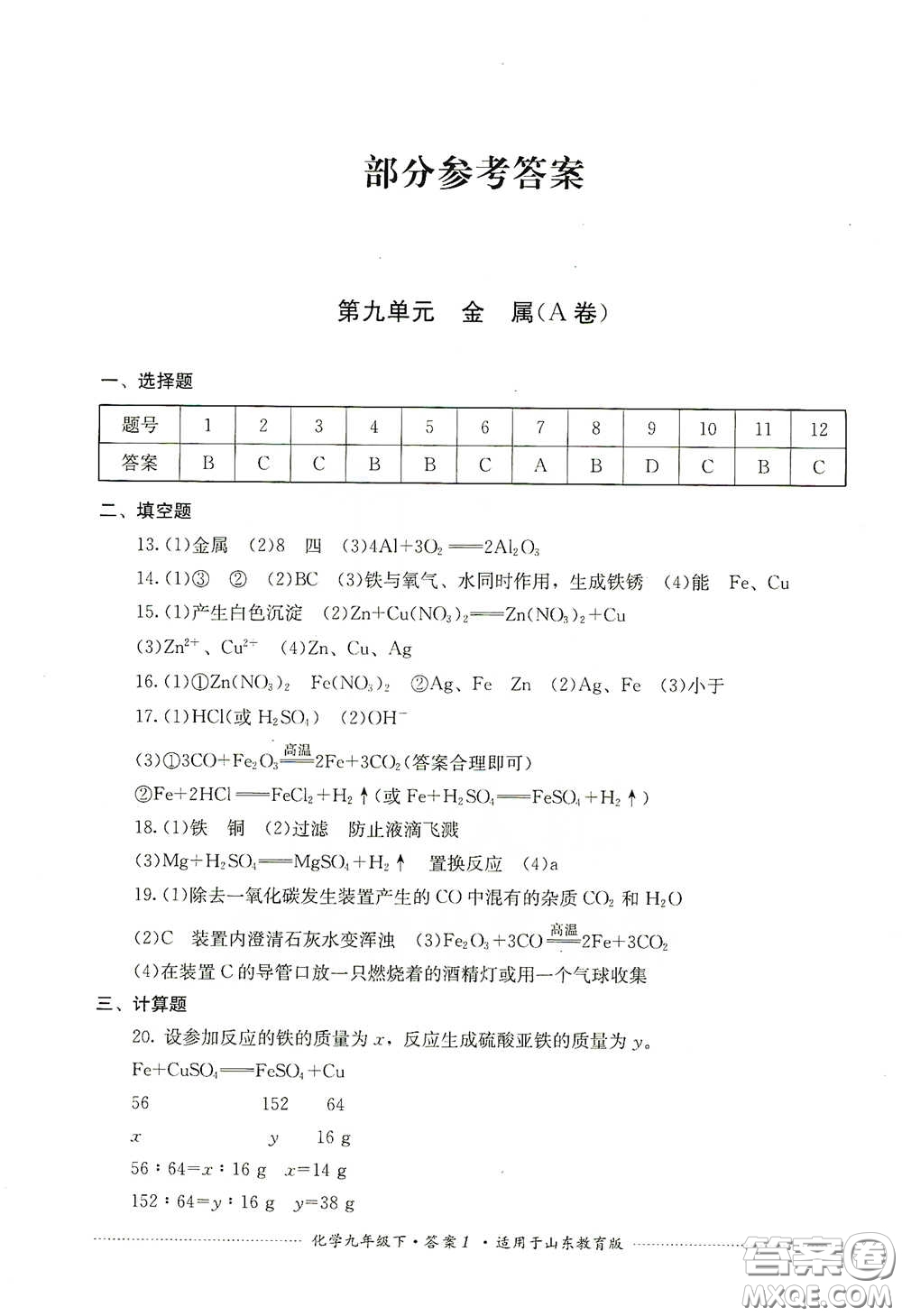 四川教育出版社2020課程標準初中單元測試九年級化學下冊山東教育版答案