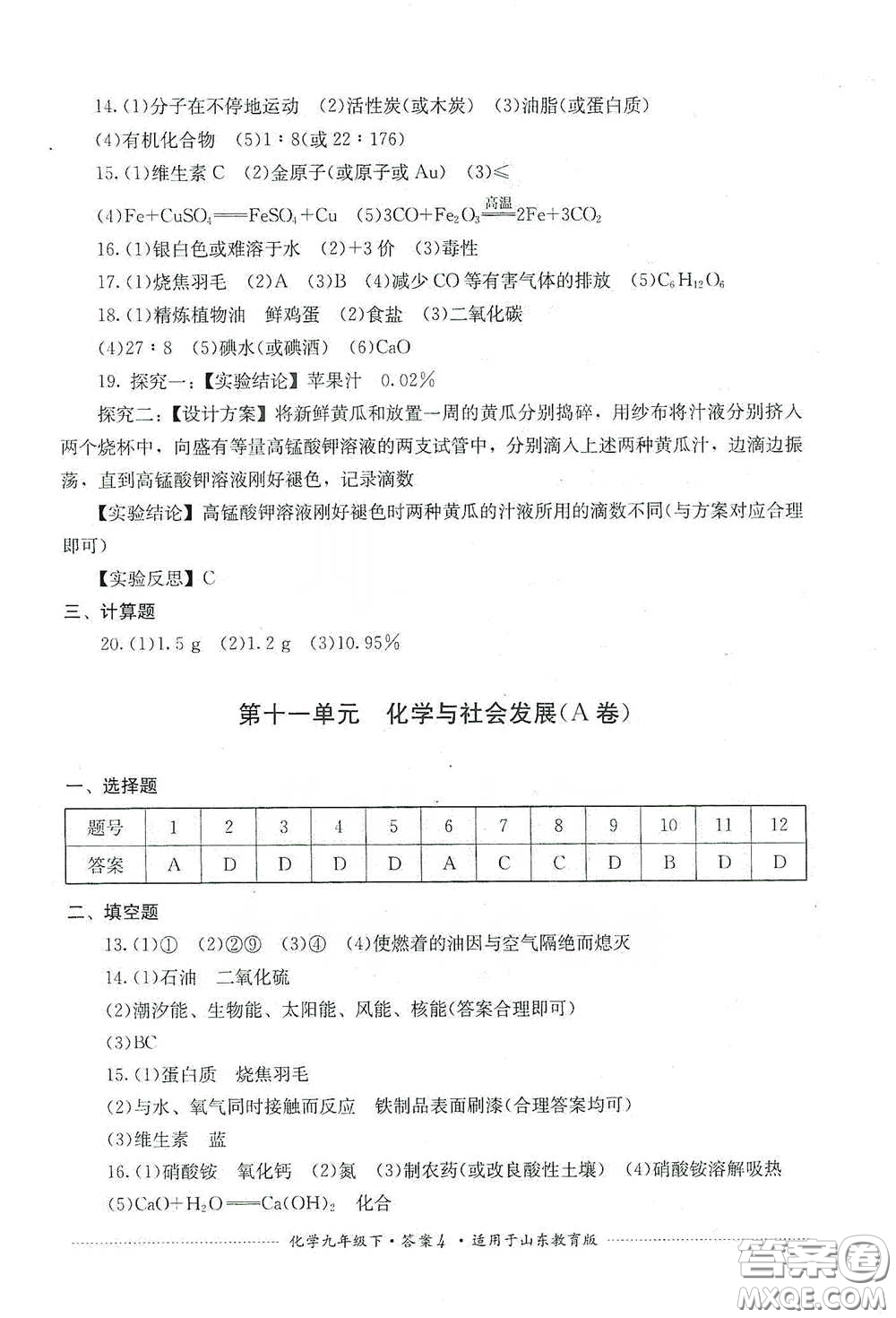 四川教育出版社2020課程標準初中單元測試九年級化學下冊山東教育版答案