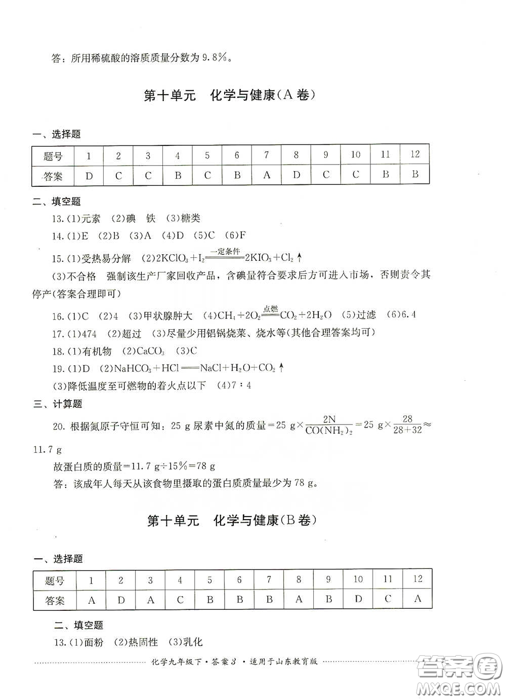 四川教育出版社2020課程標準初中單元測試九年級化學下冊山東教育版答案