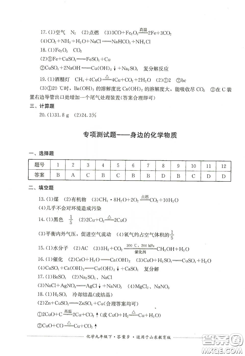 四川教育出版社2020課程標準初中單元測試九年級化學下冊山東教育版答案