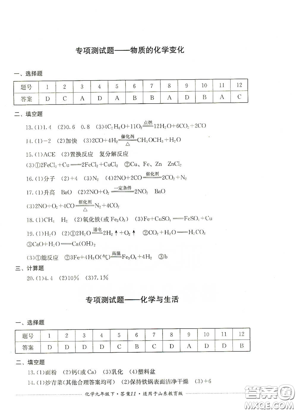 四川教育出版社2020課程標準初中單元測試九年級化學下冊山東教育版答案