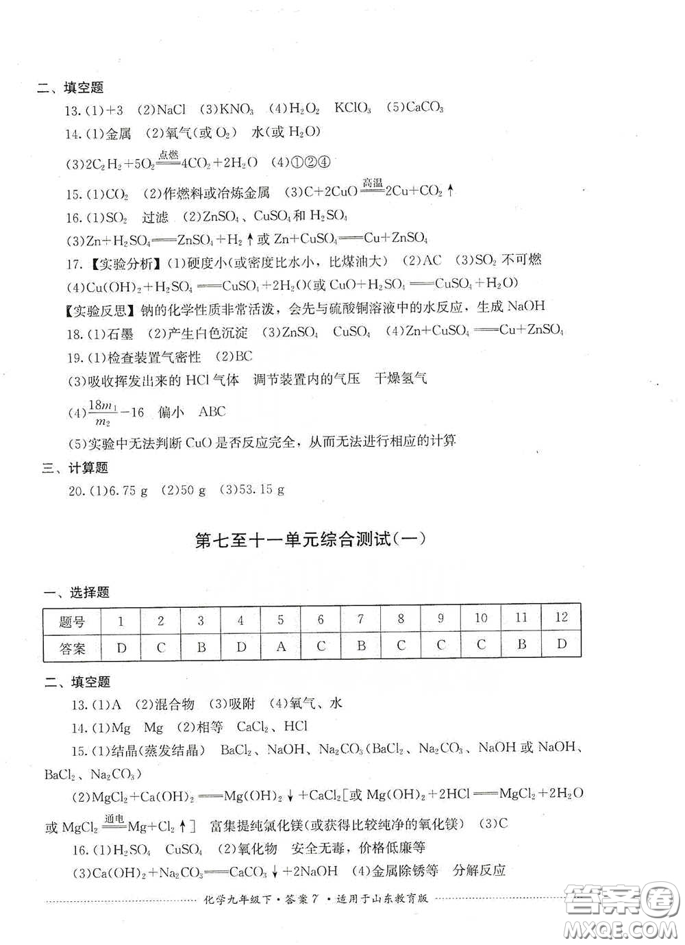 四川教育出版社2020課程標準初中單元測試九年級化學下冊山東教育版答案