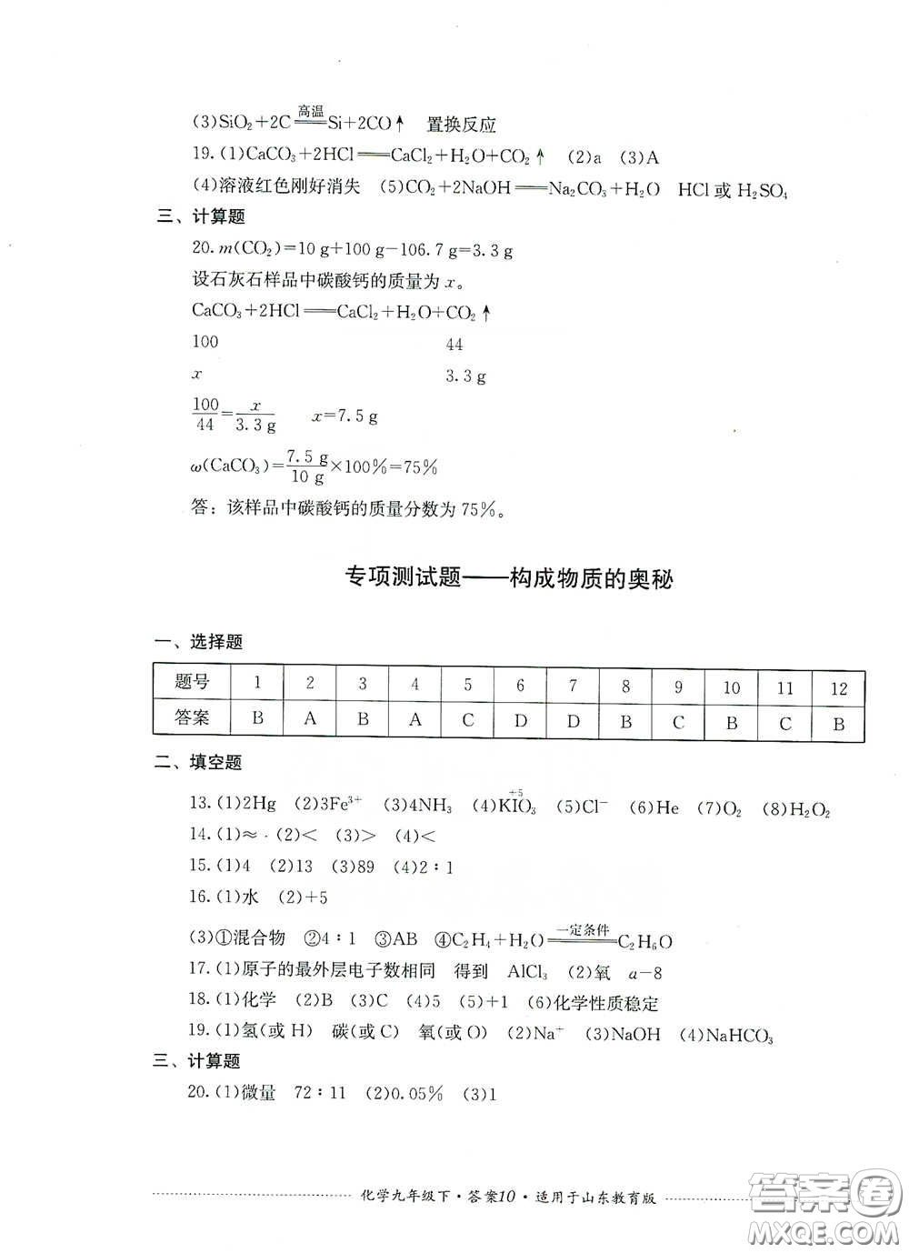 四川教育出版社2020課程標準初中單元測試九年級化學下冊山東教育版答案